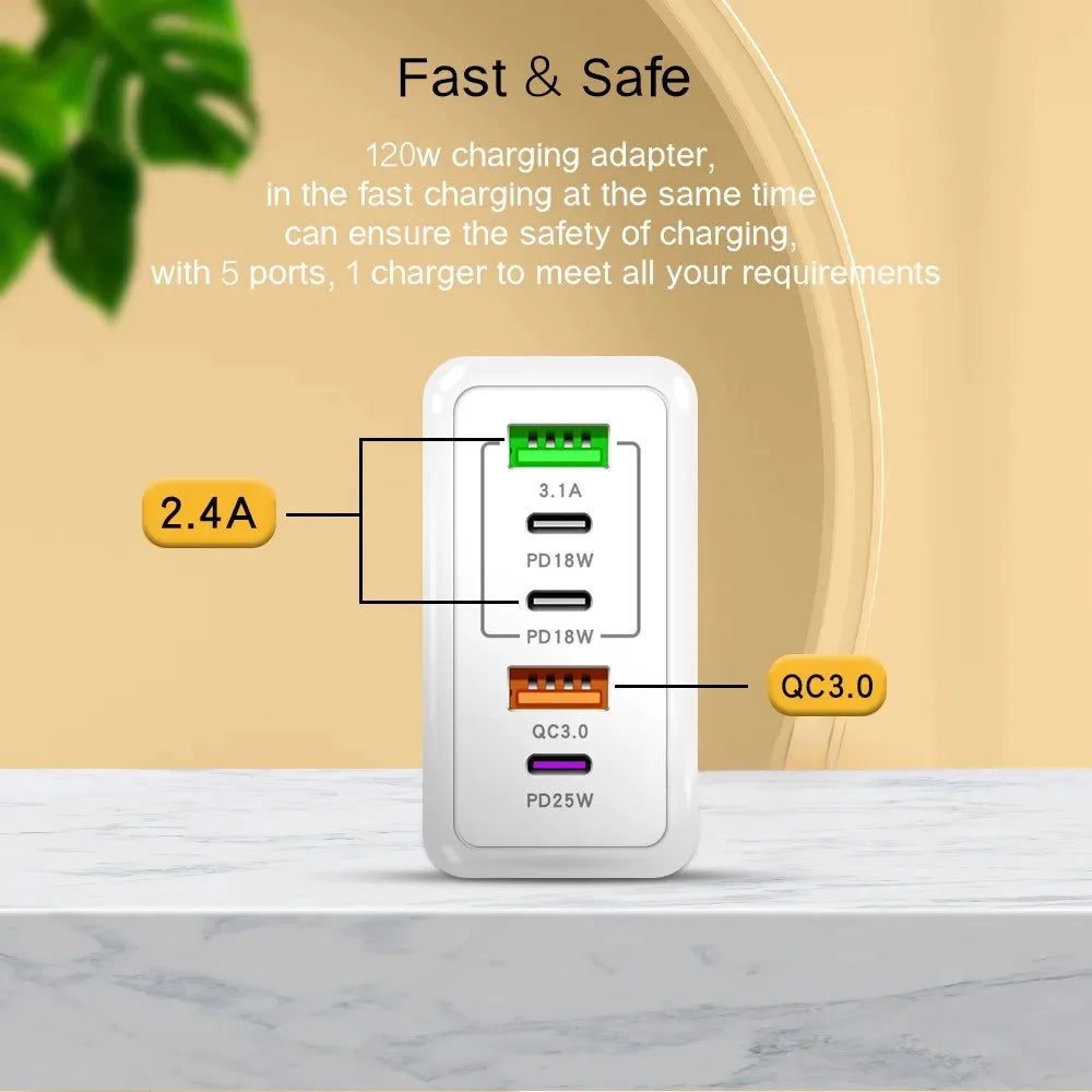 Total 120W USB Charger 5 Ports Type C Fast Charging Mobile Phone Wall Adapter EU/US/UK Plug for Iphone 15 Samsung Xiaomi Huawei