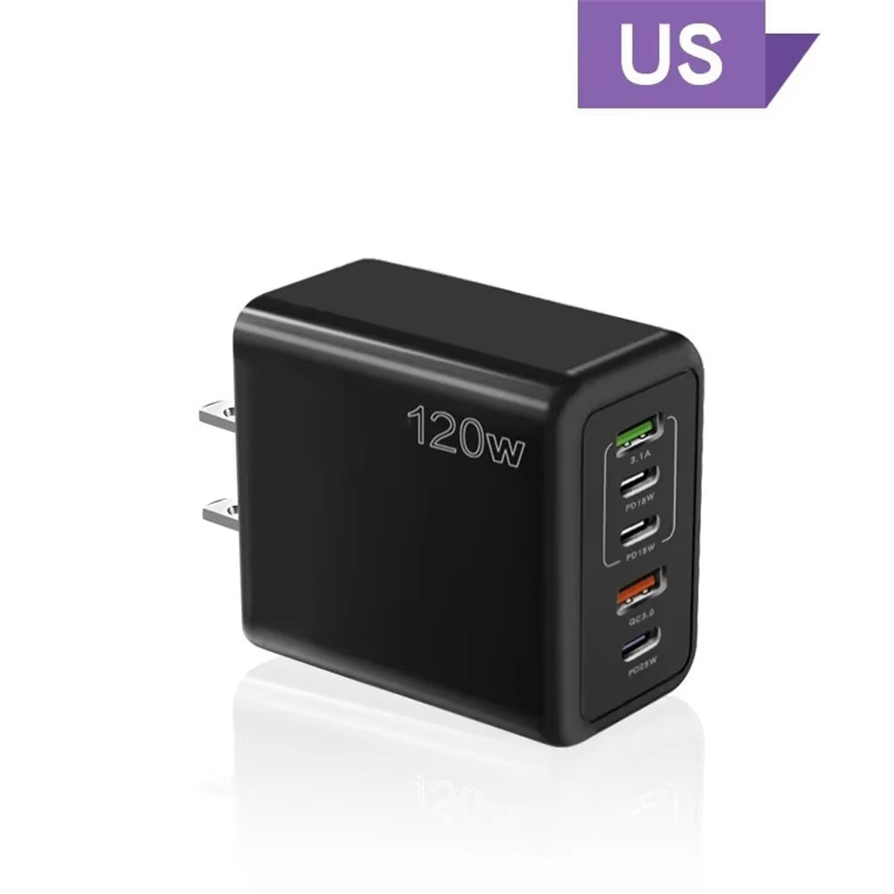 Total 120W USB Charger 5 Ports Type C Fast Charging Mobile Phone Wall Adapter EU/US/UK Plug for Iphone 15 Samsung Xiaomi Huawei