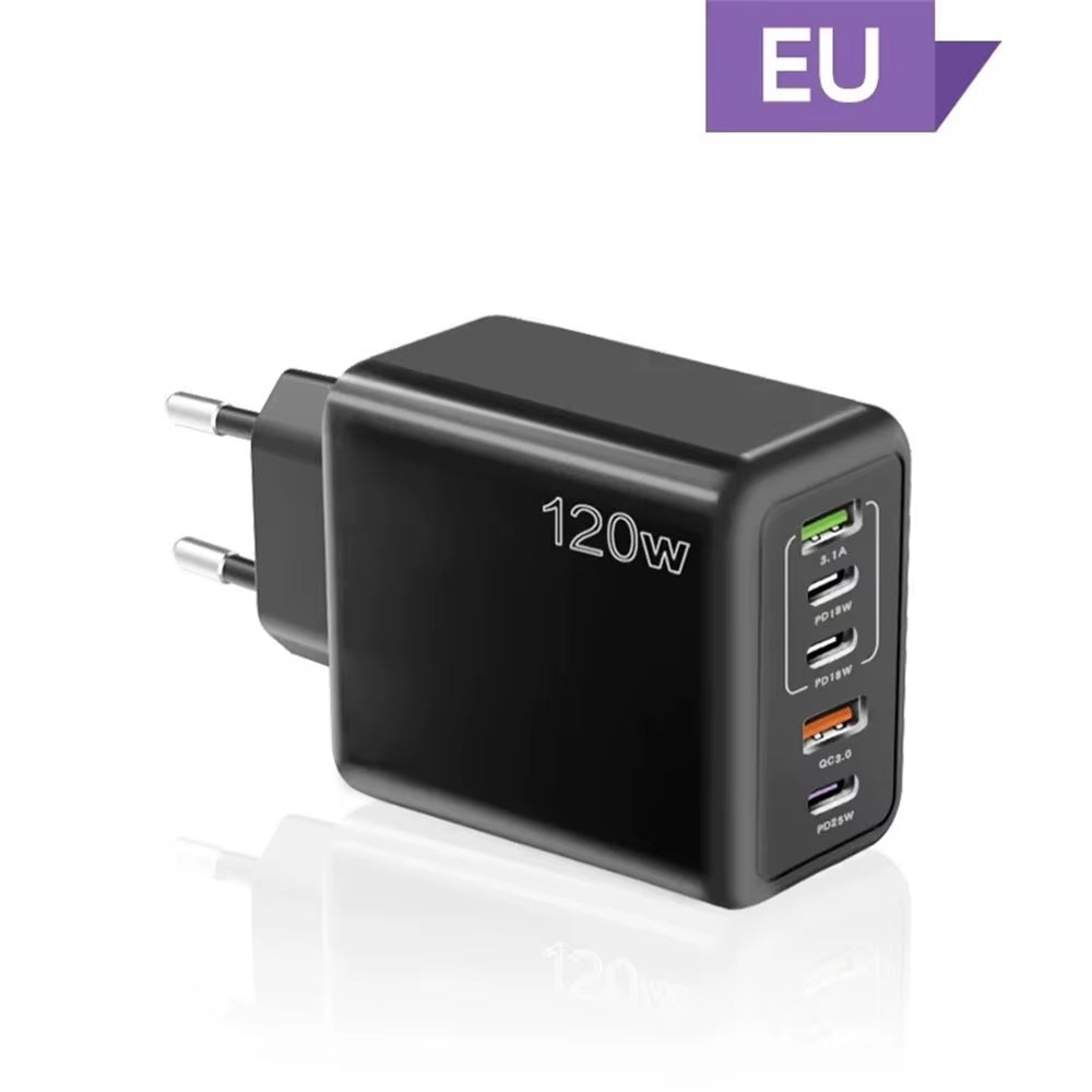 Total 120W USB Charger 5 Ports Type C Fast Charging Mobile Phone Wall Adapter EU/US/UK Plug for Iphone 15 Samsung Xiaomi Huawei