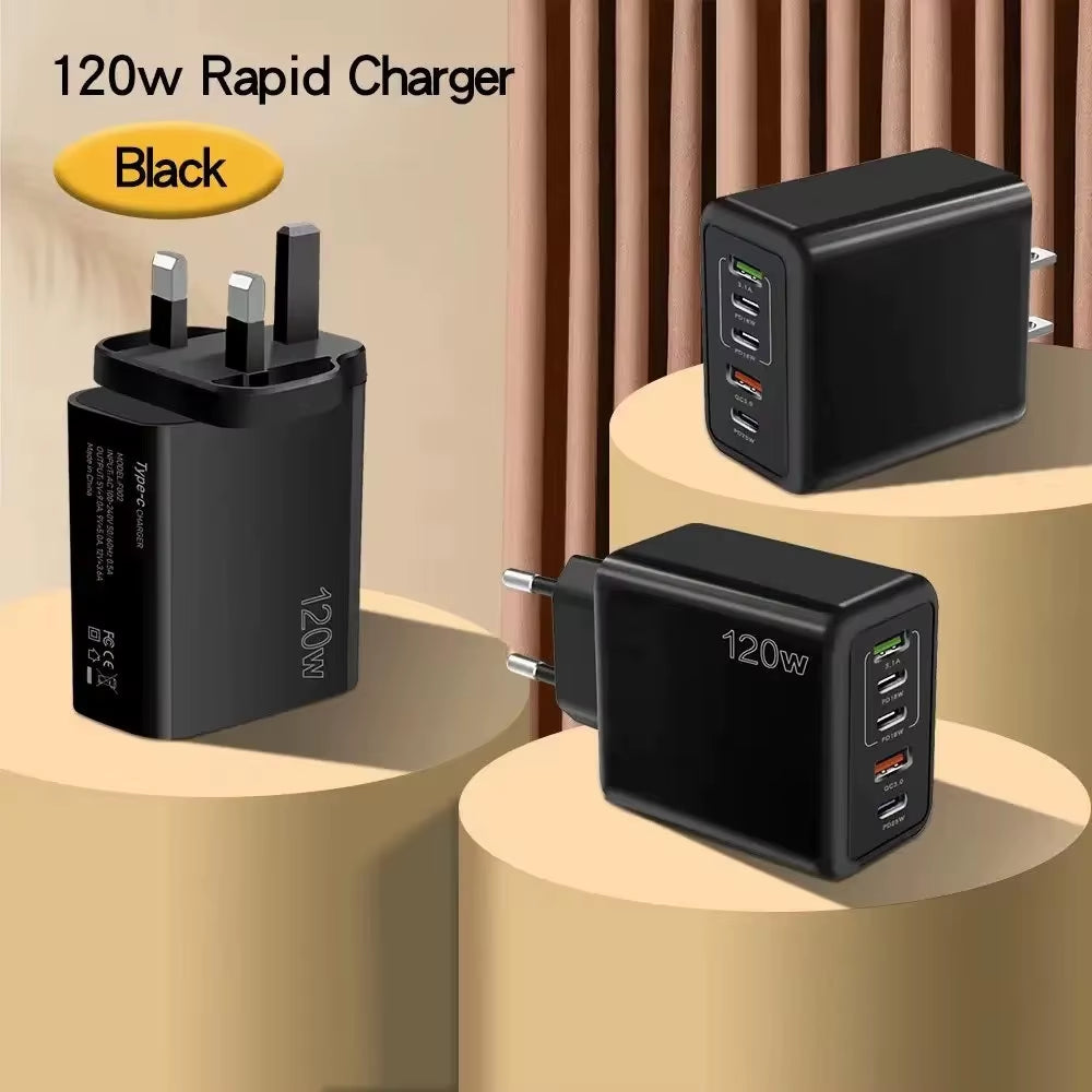 Total 120W USB Charger 5 Ports Type C Fast Charging Mobile Phone Wall Adapter EU/US/UK Plug for Iphone 15 Samsung Xiaomi Huawei