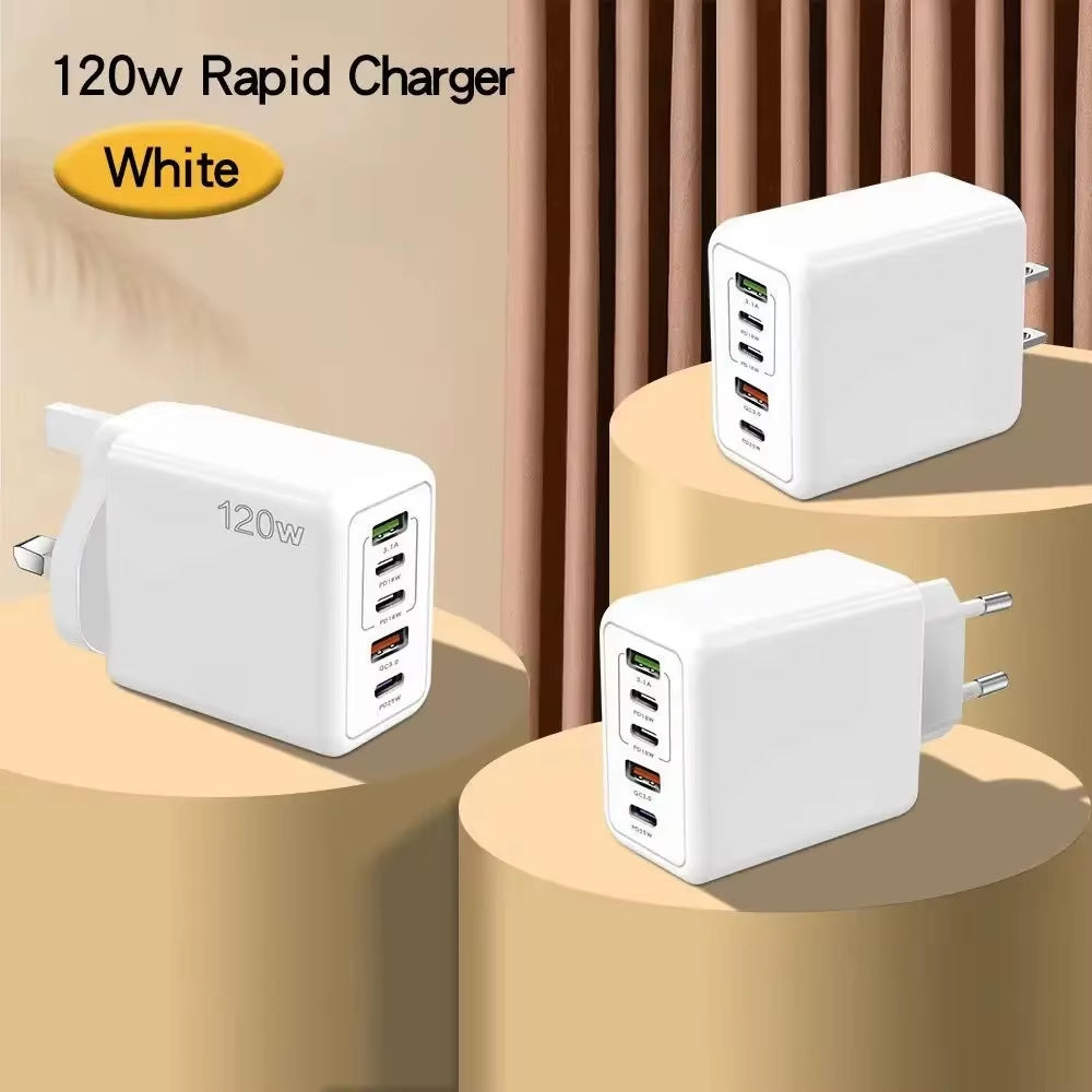 Total 120W USB Charger 5 Ports Type C Fast Charging Mobile Phone Wall Adapter EU/US/UK Plug for Iphone 15 Samsung Xiaomi Huawei