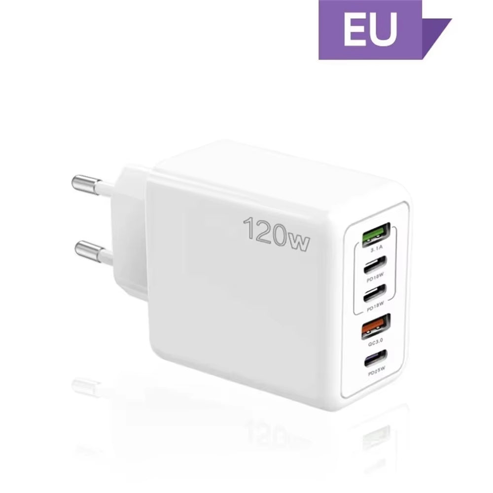 Total 120W USB Charger 5 Ports Type C Fast Charging Mobile Phone Wall Adapter EU/US/UK Plug for Iphone 15 Samsung Xiaomi Huawei