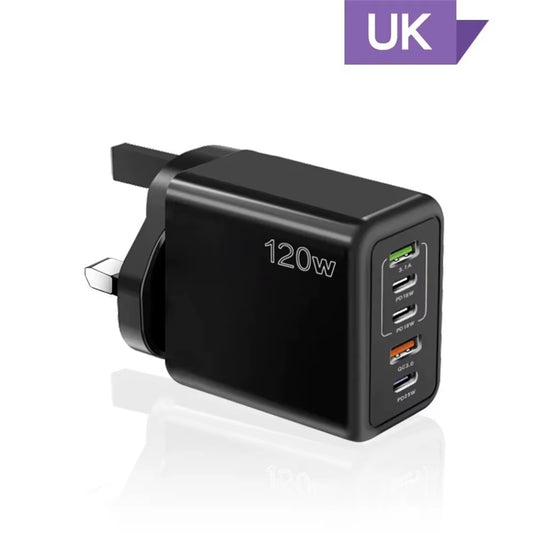 Total 120W USB Charger 5 Ports Type C Fast Charging Mobile Phone Wall Adapter EU/US/UK Plug for Iphone 15 Samsung Xiaomi Huawei