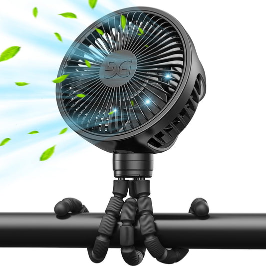 Large Stroller Fan Clip on for Baby, Flexible Tripod & Battery Powered Pram Fan, Portable Handheld Fan for Bedroom, Car Seat, Travel, Camping, Black