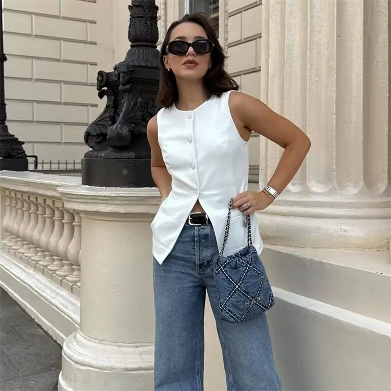 2024 White Sleeveless Vest Women Button Summer Vests for Women Jackets Pink Vest Top Women Streetwear Women'S Tailored Vest