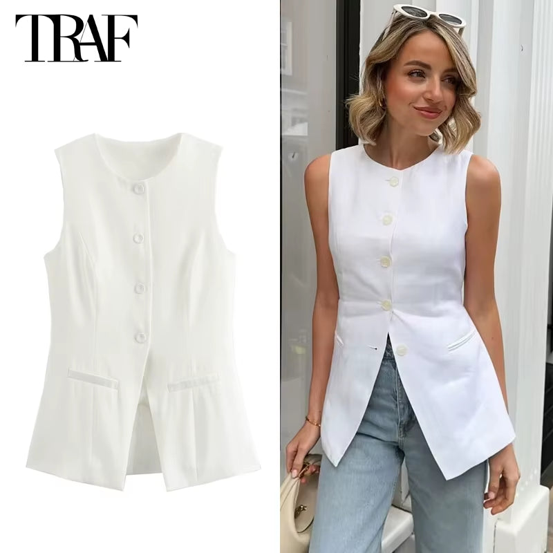 2024 White Sleeveless Vest Women Button Summer Vests for Women Jackets Pink Vest Top Women Streetwear Women'S Tailored Vest