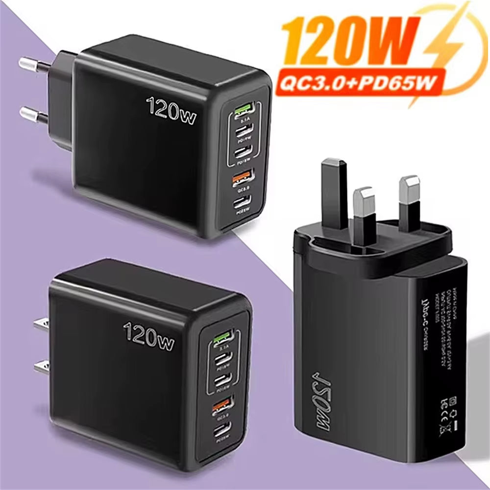 Total 120W USB Charger 5 Ports Type C Fast Charging Mobile Phone Wall Adapter EU/US/UK Plug for Iphone 15 Samsung Xiaomi Huawei