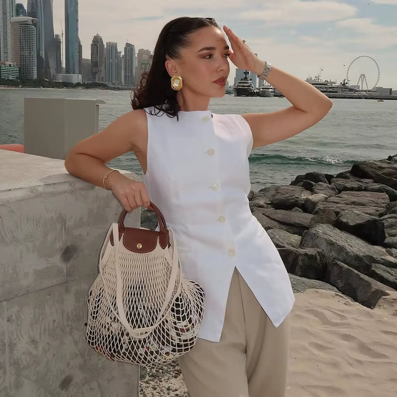 2024 White Sleeveless Vest Women Button Summer Vests for Women Jackets Pink Vest Top Women Streetwear Women'S Tailored Vest