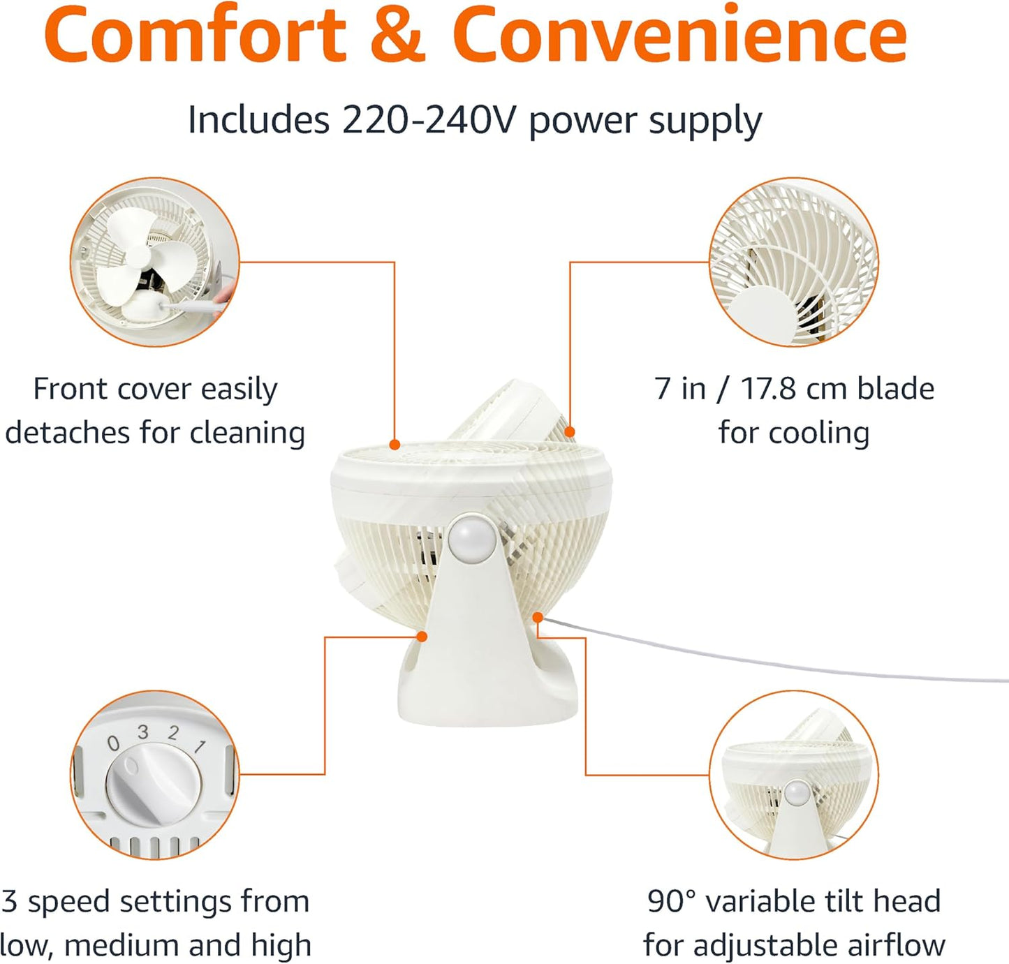 Portable Desk Fan, 7 Inch Quiet Operation Cooling, 3 Speed Settings, 90° Variable Tilt, 15.49 X 27.3 X 27.69 Cm, White