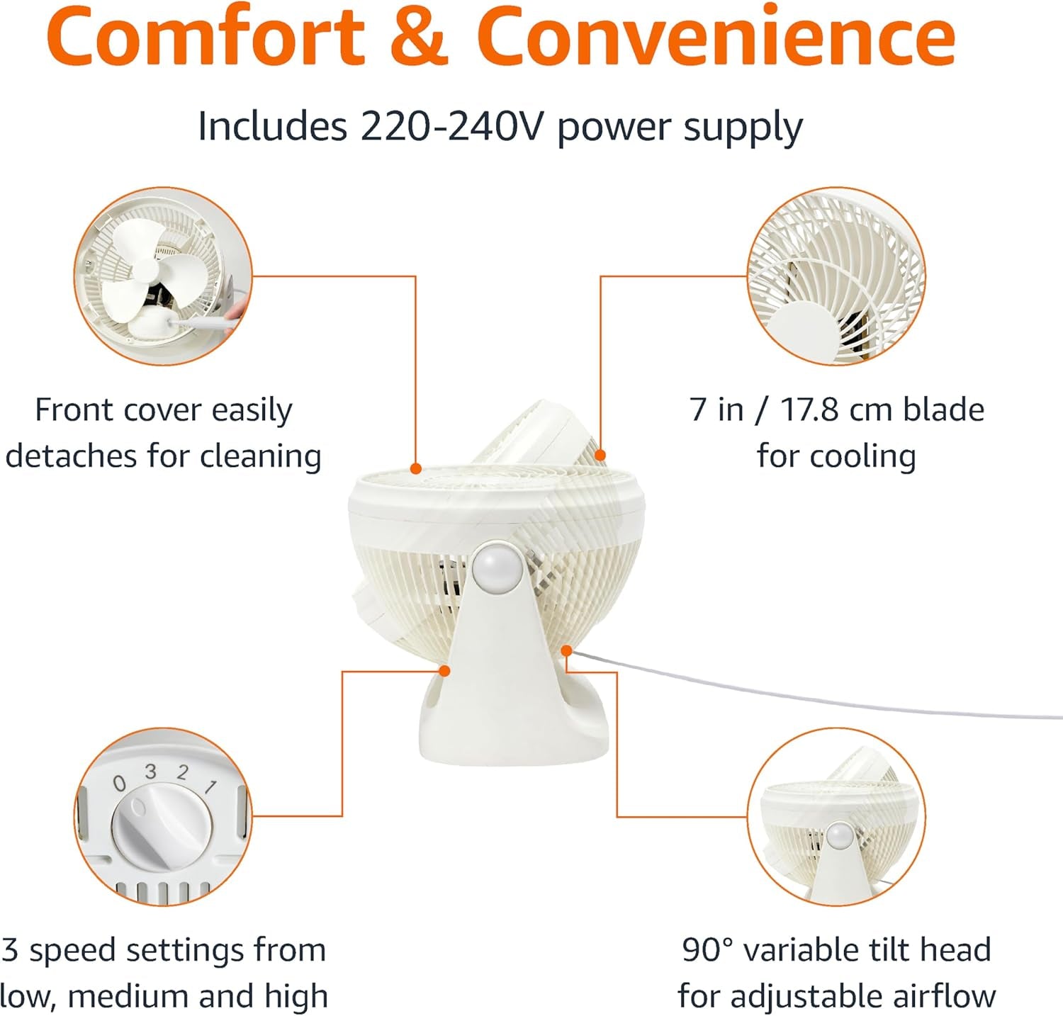 Portable Desk Fan, 7 Inch Quiet Operation Cooling, 3 Speed Settings, 90° Variable Tilt, 15.49 X 27.3 X 27.69 Cm, White
