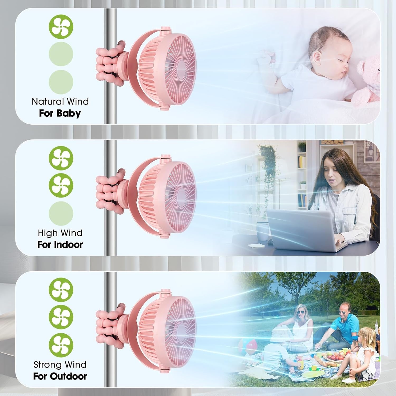 Pram Stroller Fan 20H Buggy Cooling Clip on Fan, Portable 4000Mah Battery Personal Fan for Pram Accessories Baby Cot Wagon Stroller Pushchairs Crib Bed Treadmill,Travel Holiday Essentials